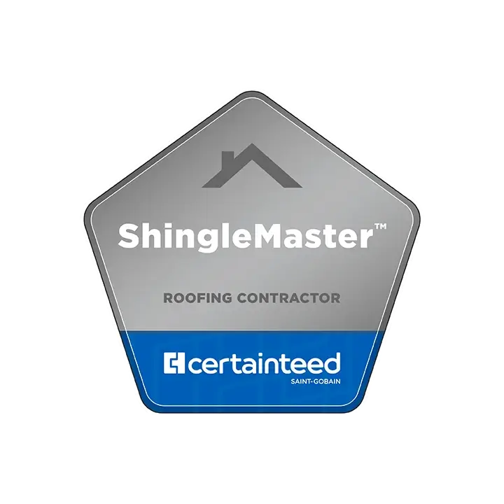 A five-sided badge displaying "ShingleMaster Roofing Contractor" and the CertainTeed Saint-Gobain logo at the bottom.
