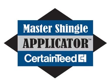 Logo with the text "Master Shingle Applicator CertainTeed" on a blue and gray background with a black diamond shape behind it.